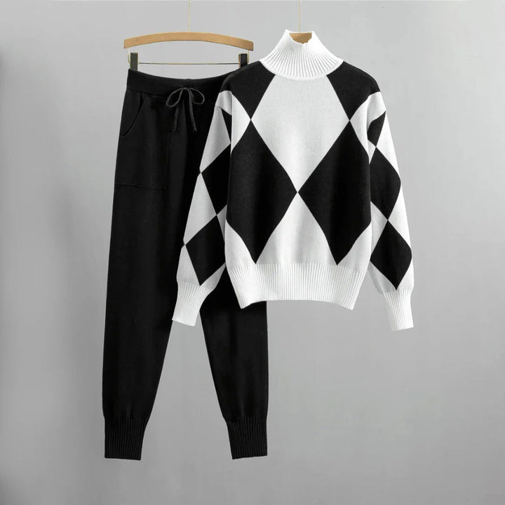 Drune | Gemütlicher Anzug Gestricktes Set Lockere Passform Argyle Muster Gerippte Kanten