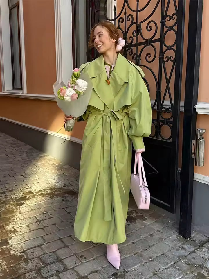 Drune | Übergröße Grüner Damen Trenchcoat mit Gürtel