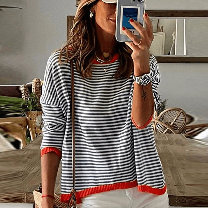 Drune | Lavigne - Blau Gestreifter Pullover Mit Orangefarbenem Rand