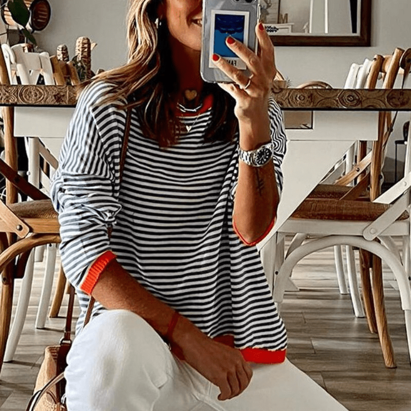 Drune | Lavigne - Blau Gestreifter Pullover Mit Orangefarbenem Rand