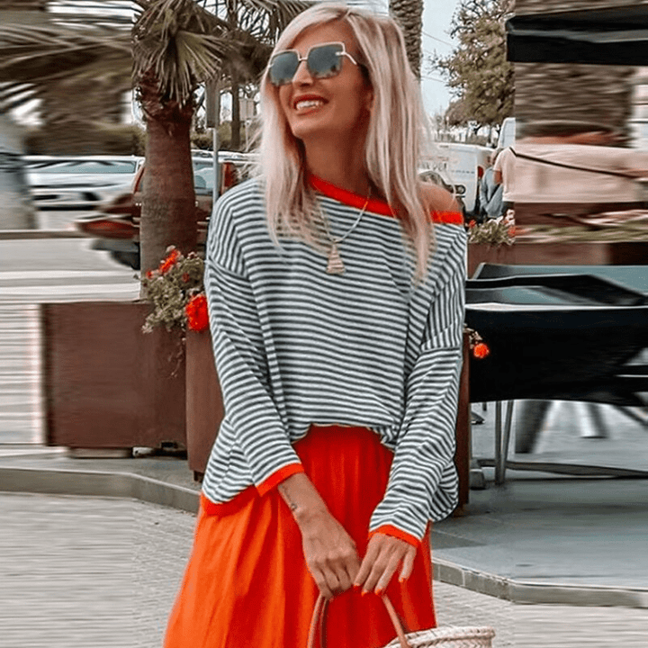 Drune | Lavigne - Blau Gestreifter Pullover Mit Orangefarbenem Rand