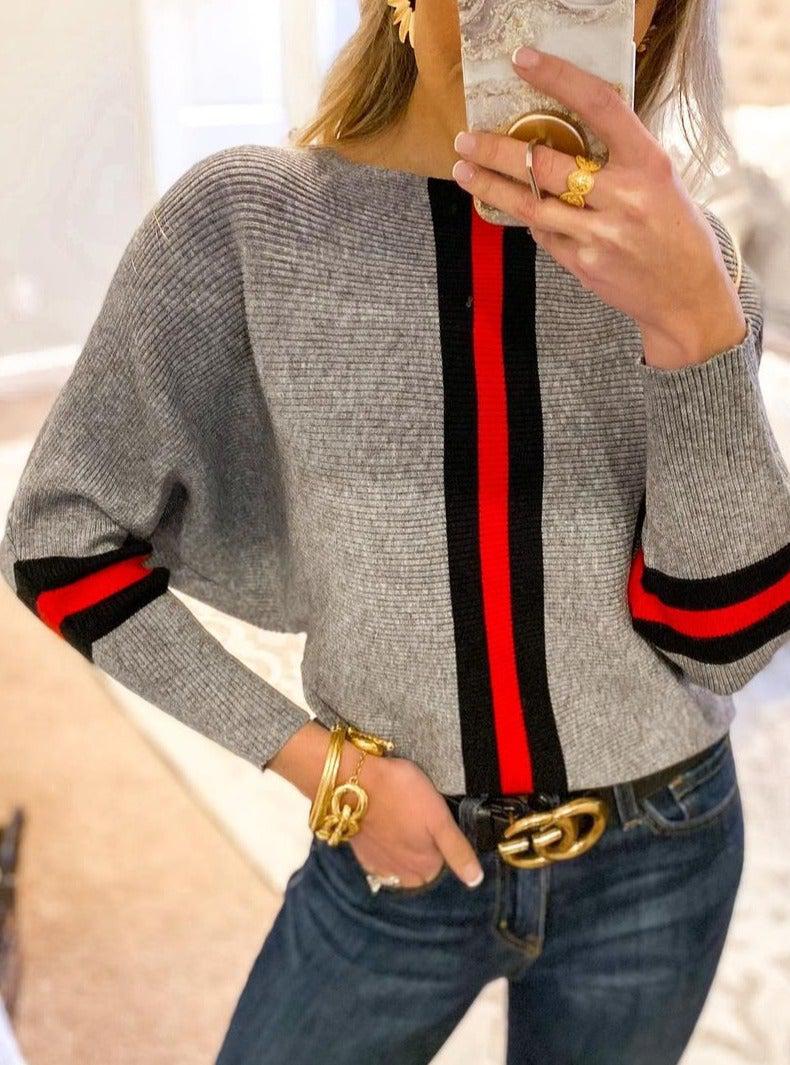 Drune | Grauer Dolman Pullover mit Roten Streifen