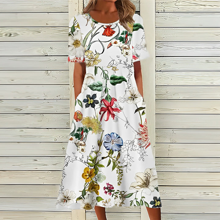 Drune | Elegantes Weißes Blumiges Midi-Kleid für Damen