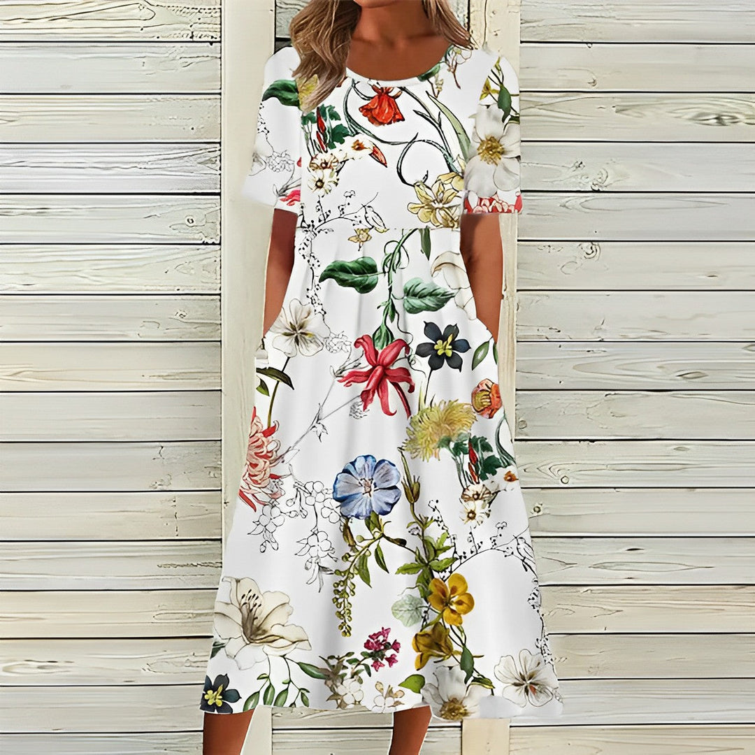 Drune | Elegantes weißes blumiges Midikleid für Damen