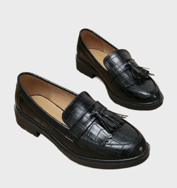 Drune | Schwarze Loafer Mit Quasten Und Mustersdesign