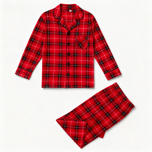 Drune | Weihnachts-Paar-Matching Rote Karierte Button-Up Langarm-Pyjama-Sets Mit Hund