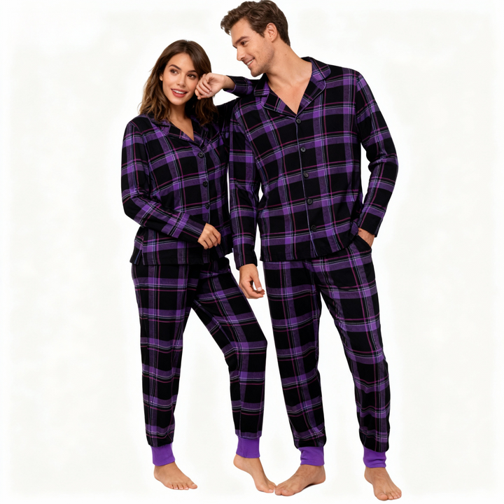 Drune | Weihnachts lila Karierte Knopf-Front Pyjamas Familien Pyjamas Sets