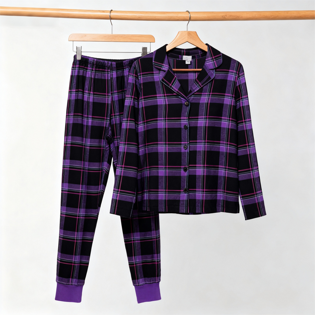 Drune | Weihnachts lila Karierte Knopf-Front Pyjamas Familien Pyjamas Sets