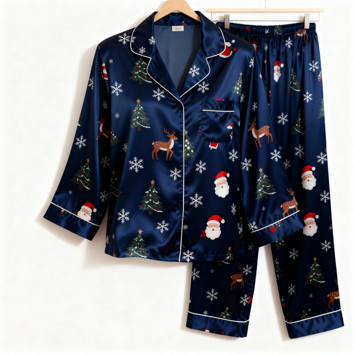 Drune | Urlaub Paar Button-Up Marineblaue Satin Weihnachts-Pyjama Set