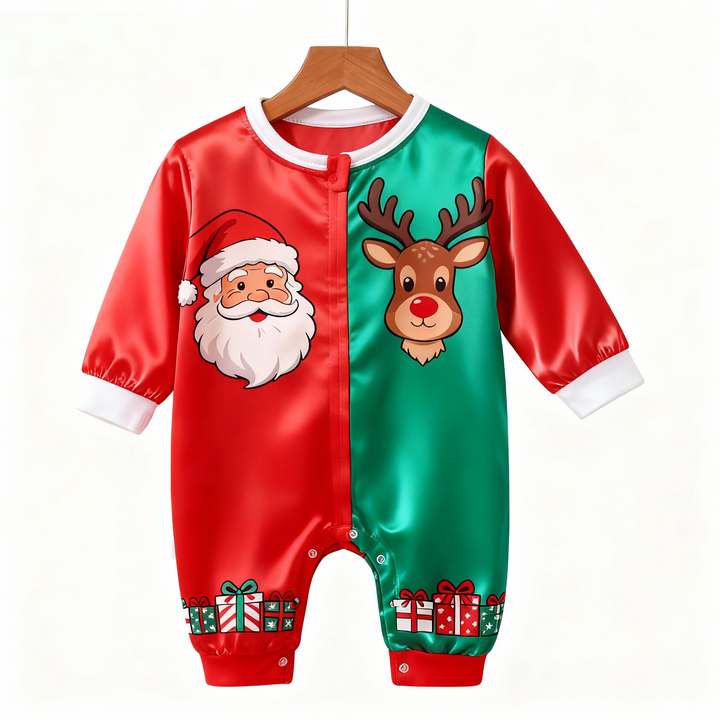 Drune | Feiertagsfamilie Santa Claus Knopf-auf Satin Weihnachtsbaum-Pyjama-Set