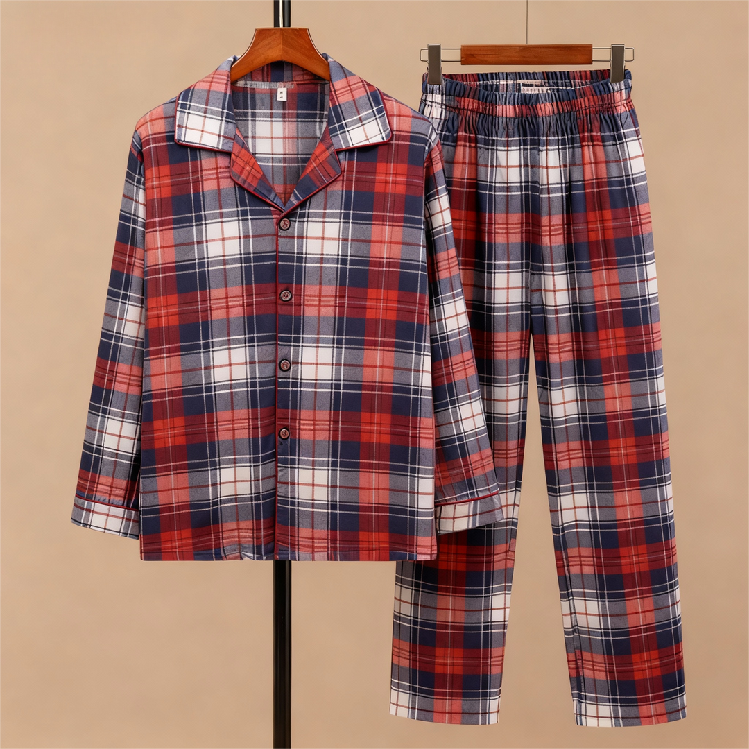 Drune | Gemütliche Button-Front Karomuster Paar Pyjama-Sets für Weihnachten