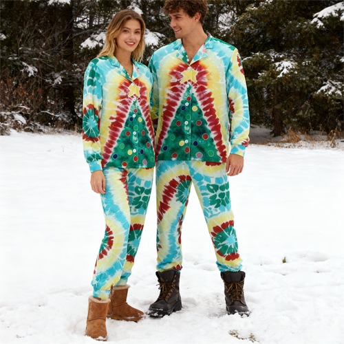 Drune | Urlaubsfamilie Knopfverschluss Grün & Gelb Batik-Weihnachtsschlafanzug Set