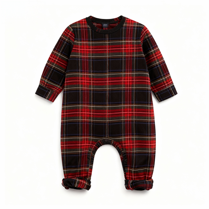 Drune | Weihnachtsrot Plaid Knopf-Front Familien Pyjama Sets