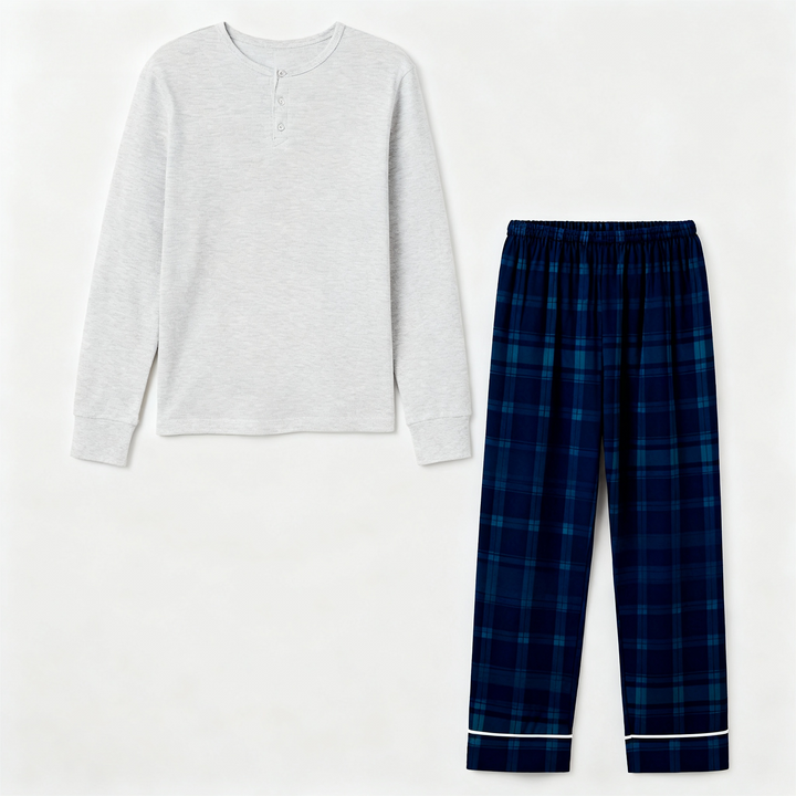Drune | Paar passende Schlafanzug-Set – Graues Knopf-Hals T-Shirt & Karohosen