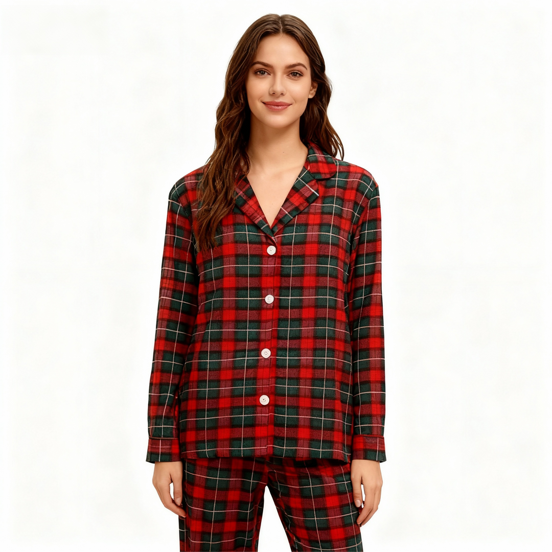 Drune | Weihnachtsrot und Grün Kariert Button Up Paar Schlafanzug Sets