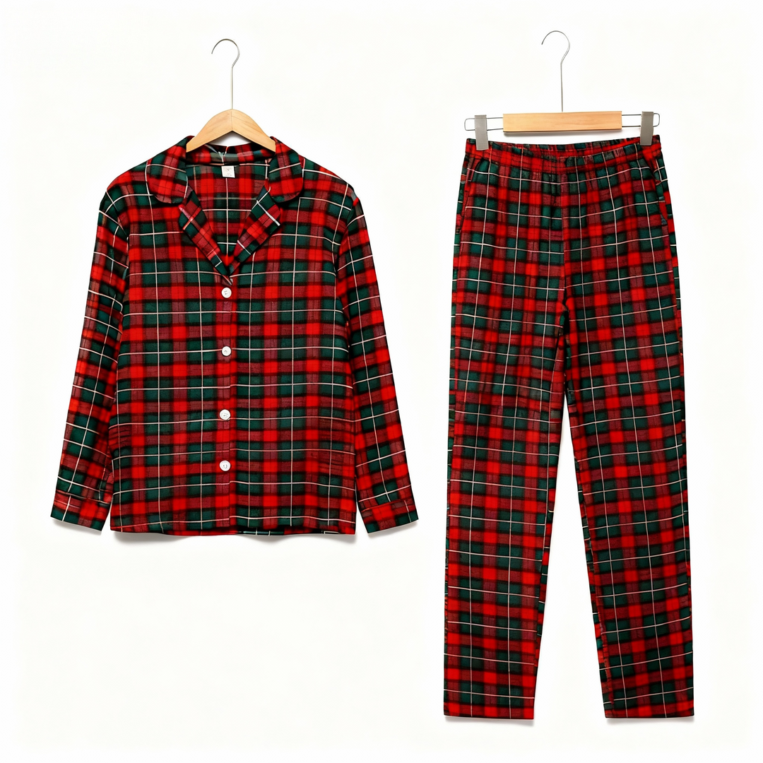 Drune | Weihnachtsrot und Grün Kariert Button Up Paar Schlafanzug Sets