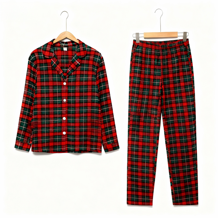 Drune | Weihnachtsrot und Grün Kariert Button Up Paar Schlafanzug Sets