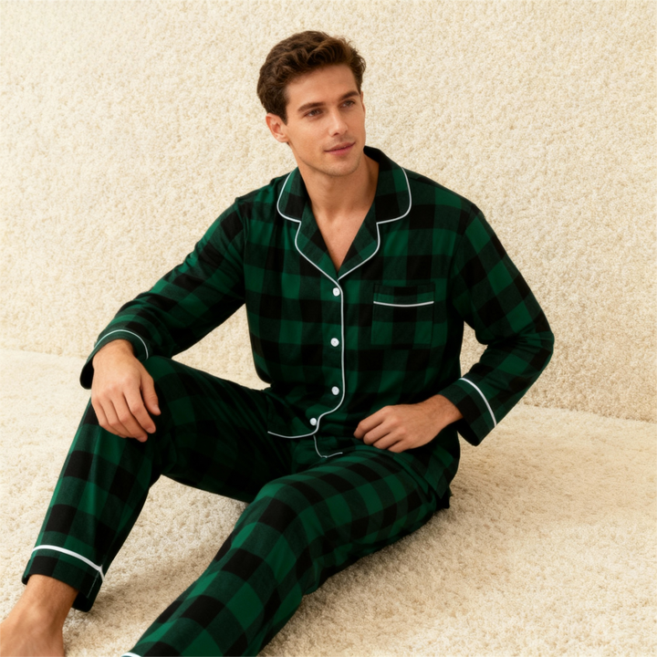 Drune | Weihnachten Familie Passende Grüne Karierte Knopf-Down Lange Ärmel Pyjama Sets