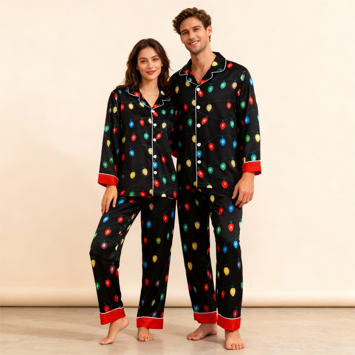 Drune | Urlaub Familie Knopfverschluss Satin Weihnachten Schlafanzug Set