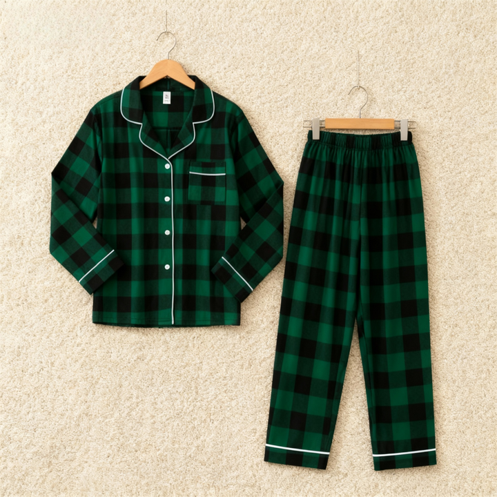 Drune | Weihnachten Familie Passende Grüne Karierte Knopf-Down Lange Ärmel Pyjama Sets