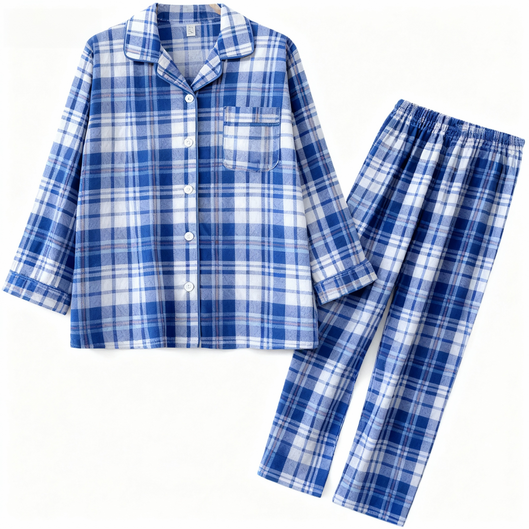 Drune | Passende Familien Schlafanzüge Blau Weiß kariert Weihnachts-Pajama-Set