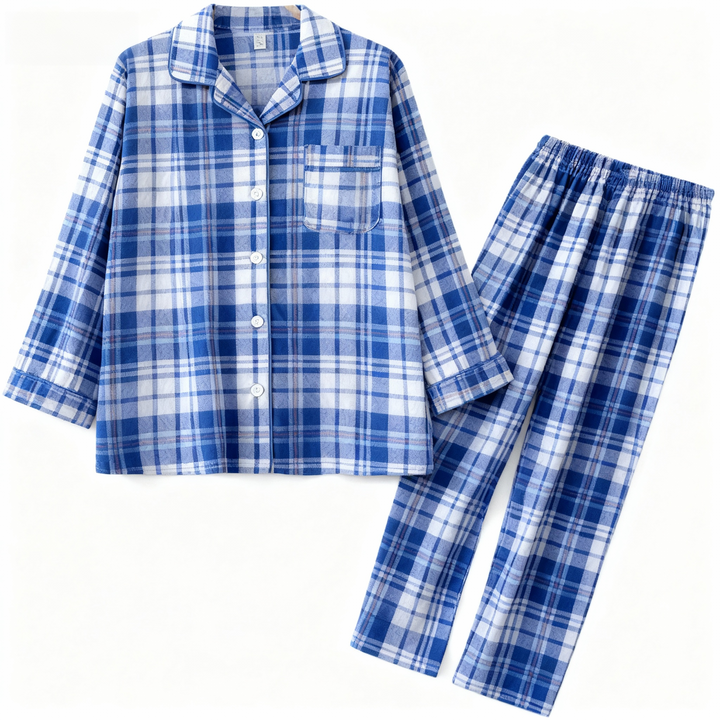 Drune | Passende Familien Schlafanzüge Blau Weiß kariert Weihnachts-Pajama-Set