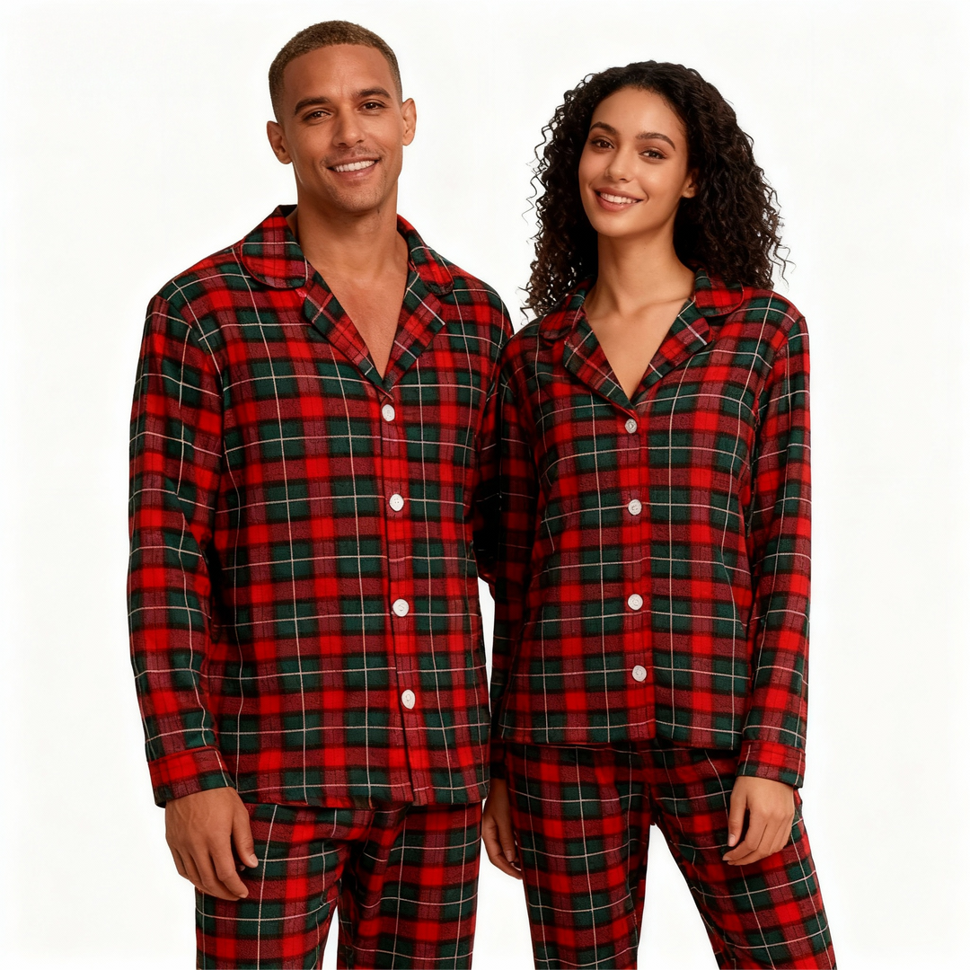 Drune | Weihnachtsrot und Grün Kariert Button Up Paar Schlafanzug Sets