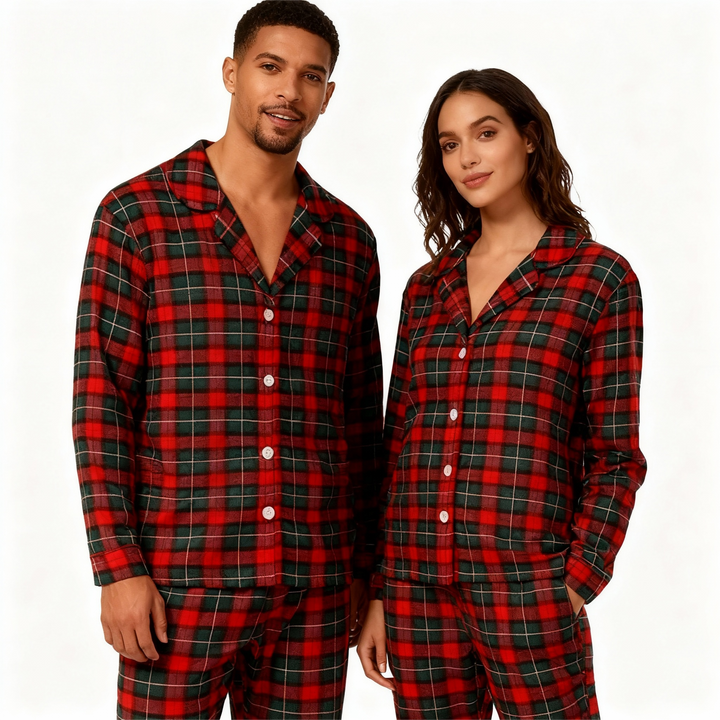 Drune | Weihnachtsrot und Grün Kariert Button Up Paar Schlafanzug Sets