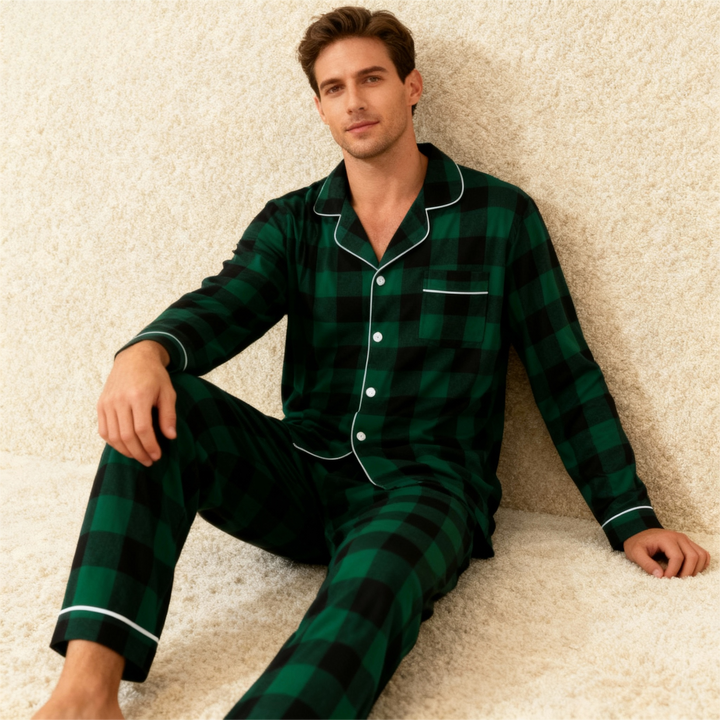 Drune | Weihnachten Familie Passende Grüne Karierte Knopf-Down Lange Ärmel Pyjama Sets