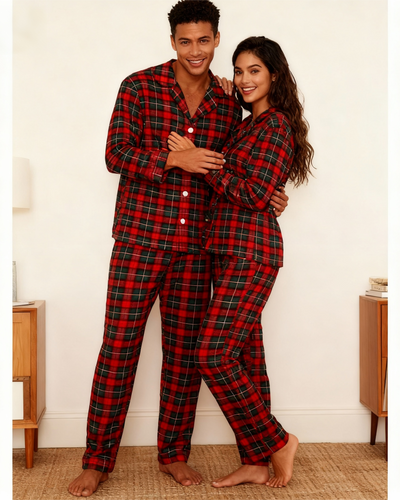 Drune | Weihnachtsrot und Grün Kariert Button Up Paar Schlafanzug Sets