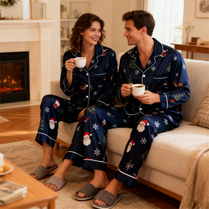 Drune | Urlaub Familie Knopf-Down Marineblau Satin Weihnachts Pyjama Set