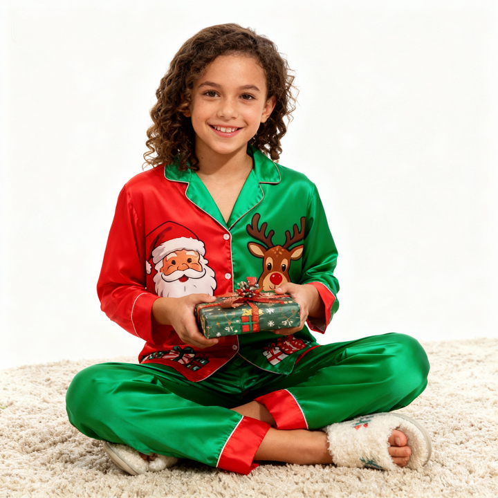 Drune | Feiertagsfamilie Santa Claus Knopf-auf Satin Weihnachtsbaum-Pyjama-Set