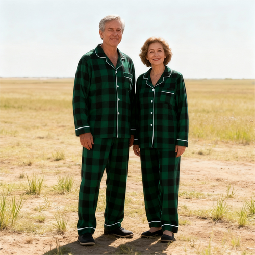 Drune | Weihnachten Familie Passende Grüne Karierte Knopf-Down Lange Ärmel Pyjama Sets