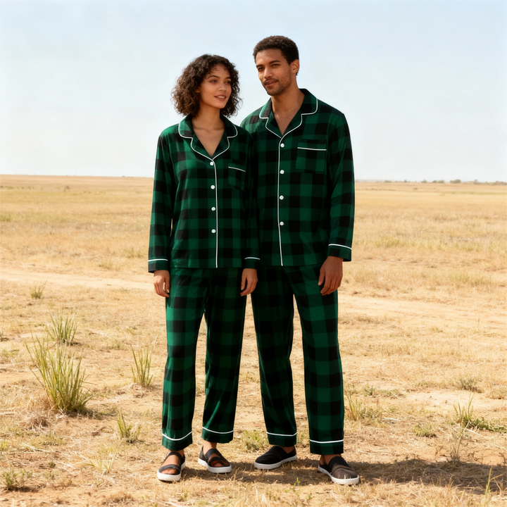 Drune | Weihnachten Familie Passende Grüne Karierte Knopf-Down Lange Ärmel Pyjama Sets