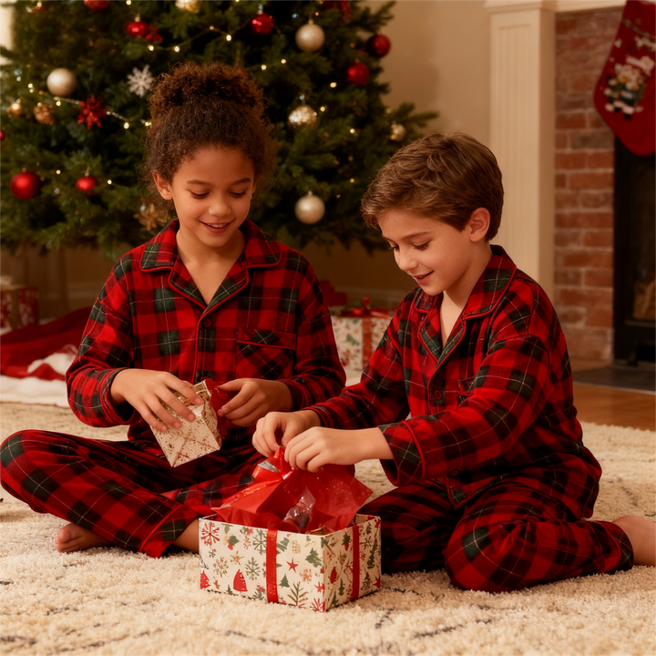 Drune | Weihnachten Familie Passende Rote und Grüne Karierte Knopf-Down Langarm Pyjama Sets