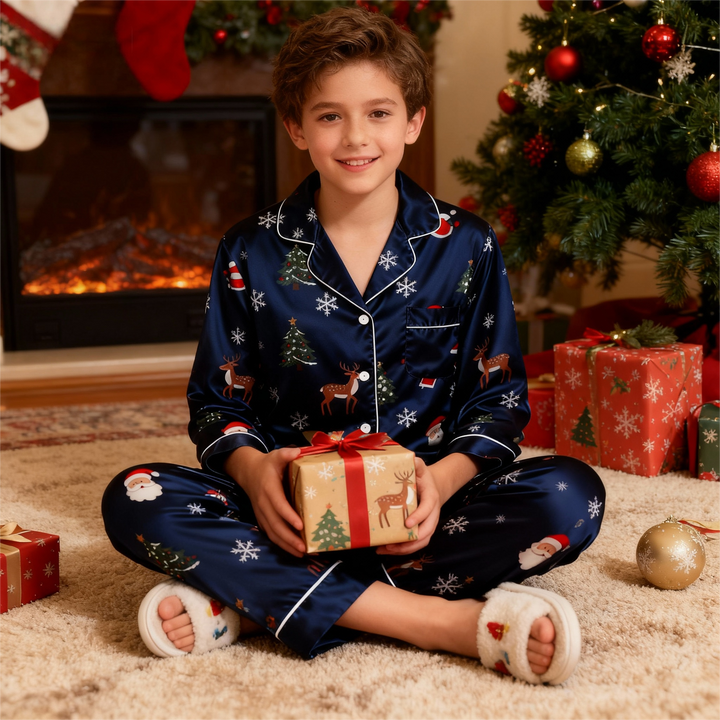 Drune | Urlaub Familie Knopf-Down Marineblau Satin Weihnachts Pyjama Set