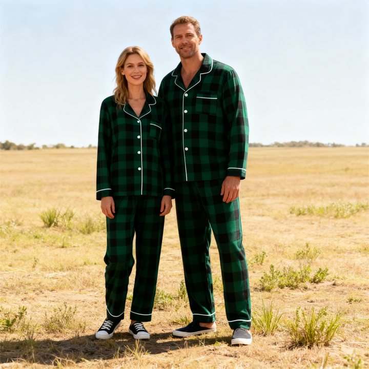 Drune | Weihnachten Familie Passende Grüne Karierte Knopf-Down Lange Ärmel Pyjama Sets