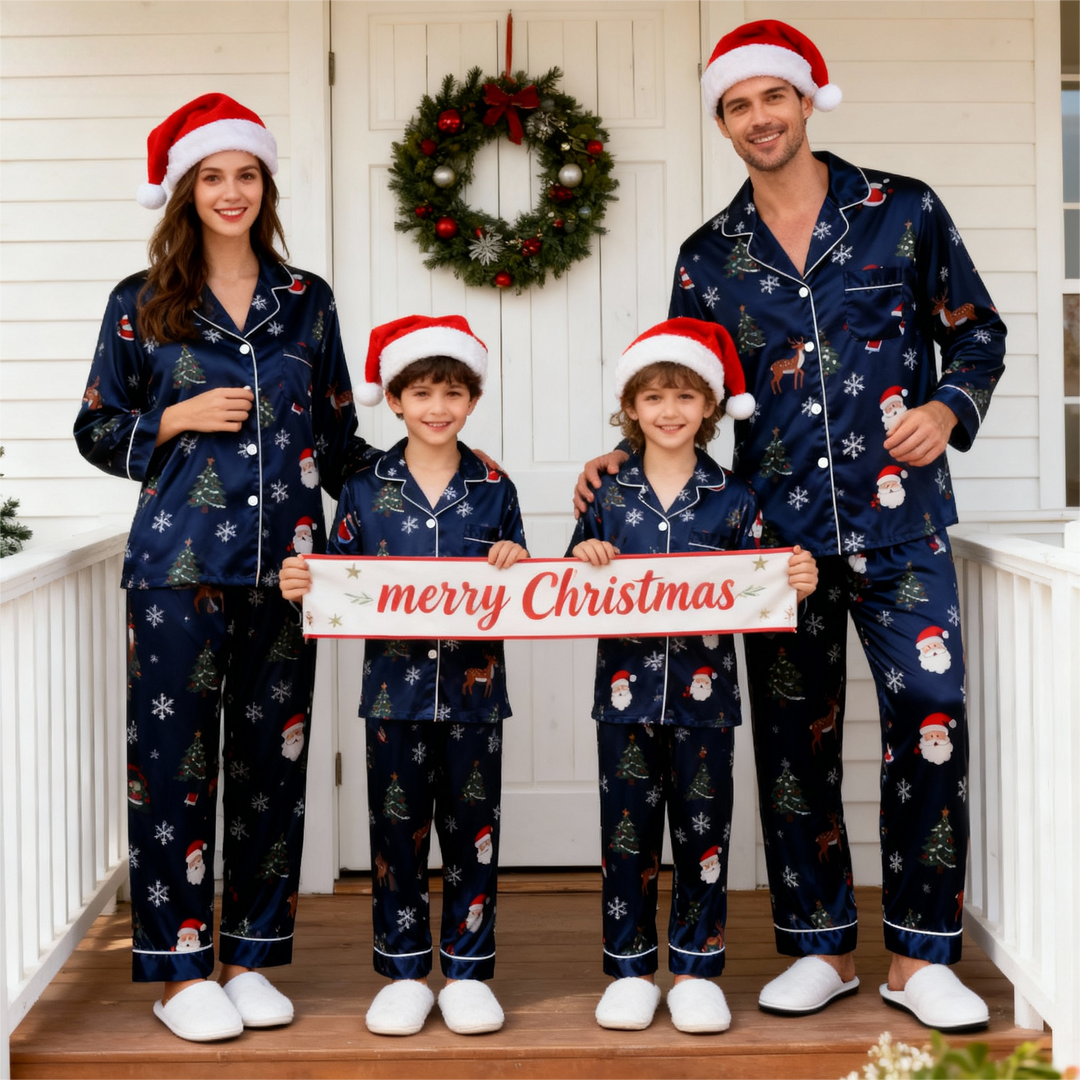 Drune | Urlaub Familie Knopf-Down Marineblau Satin Weihnachts Pyjama Set