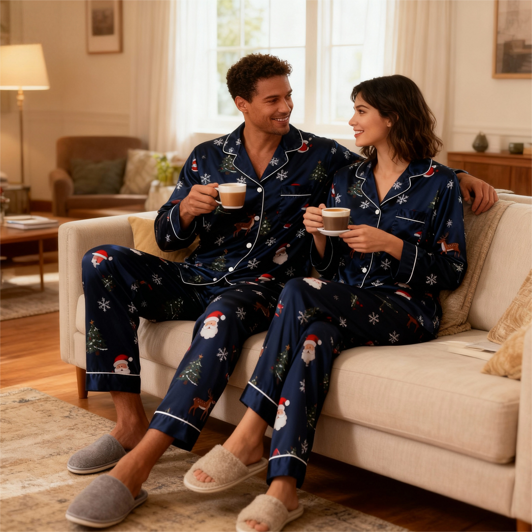 Drune | Urlaub Familie Knopf-Down Marineblau Satin Weihnachts Pyjama Set
