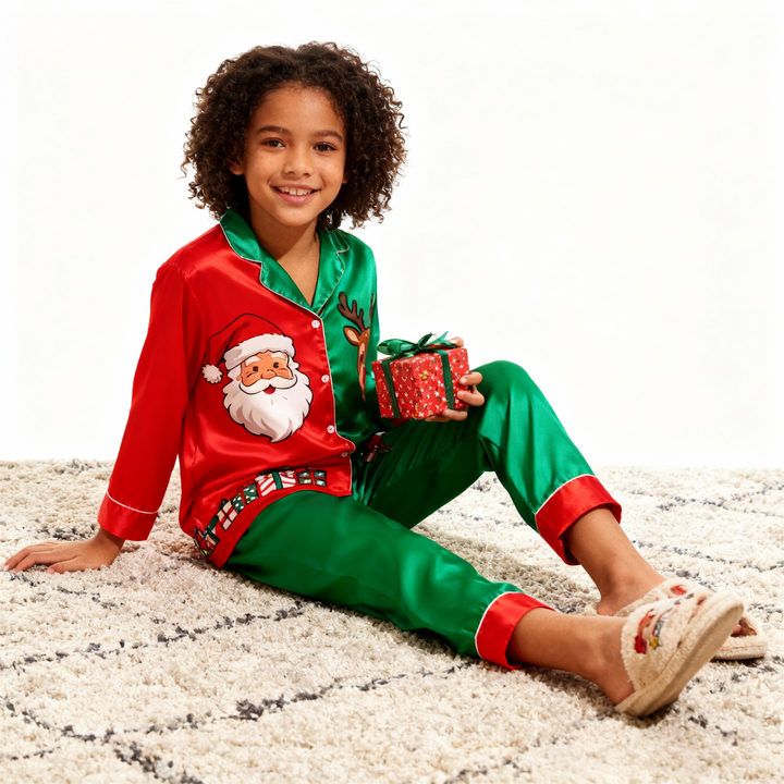 Drune | Feiertagsfamilie Santa Claus Knopf-auf Satin Weihnachtsbaum-Pyjama-Set
