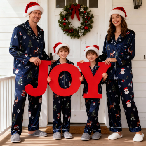 Drune | Urlaub Familie Knopf-Down Marineblau Satin Weihnachts Pyjama Set
