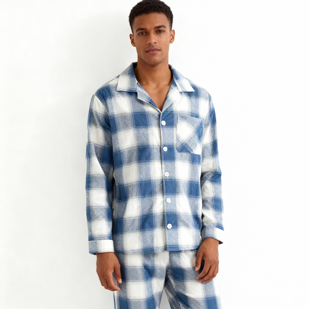 Drune | Familie passende Pyjamas Blau und Weiß Karierter Baumwoll-Set