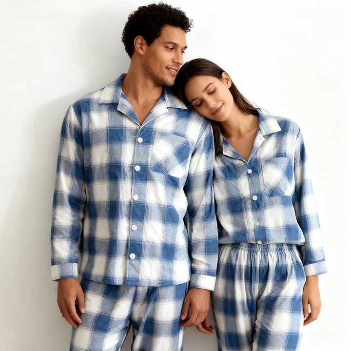 Drune | Familie passende Pyjamas Blau und Weiß Karierter Baumwoll-Set