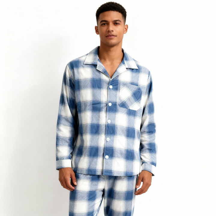 Drune | Familie passende Pyjamas Blau und Weiß Karierter Baumwoll-Set
