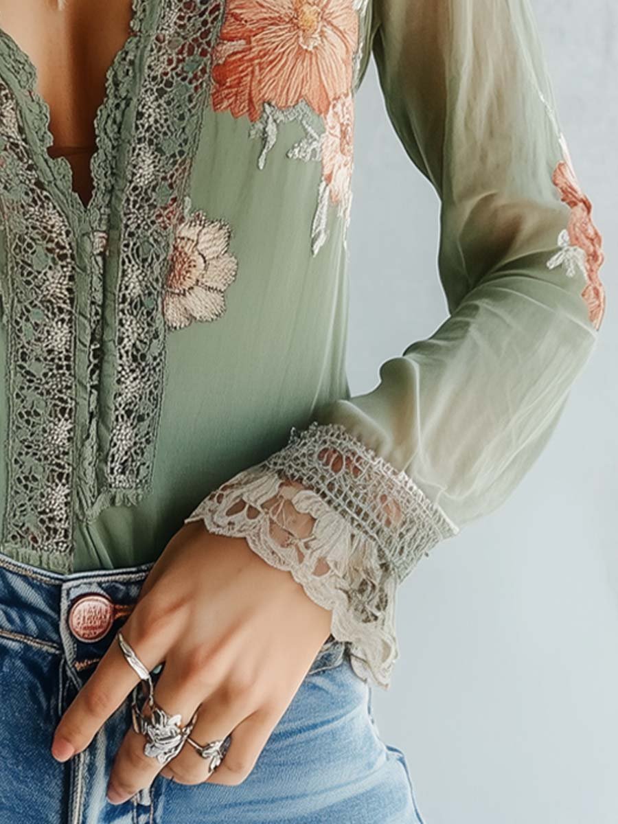 Drune | Boho Bluse Mit Spitze Und Blumenmuster