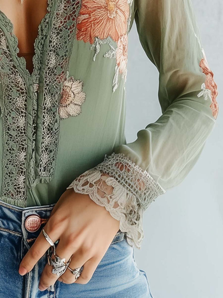 Drune | Boho Bluse Mit Spitze Und Blumenmuster