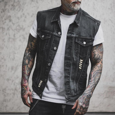 Drune Herren Motorrad-Denimweste mit Motorrad- und Skelettdruck