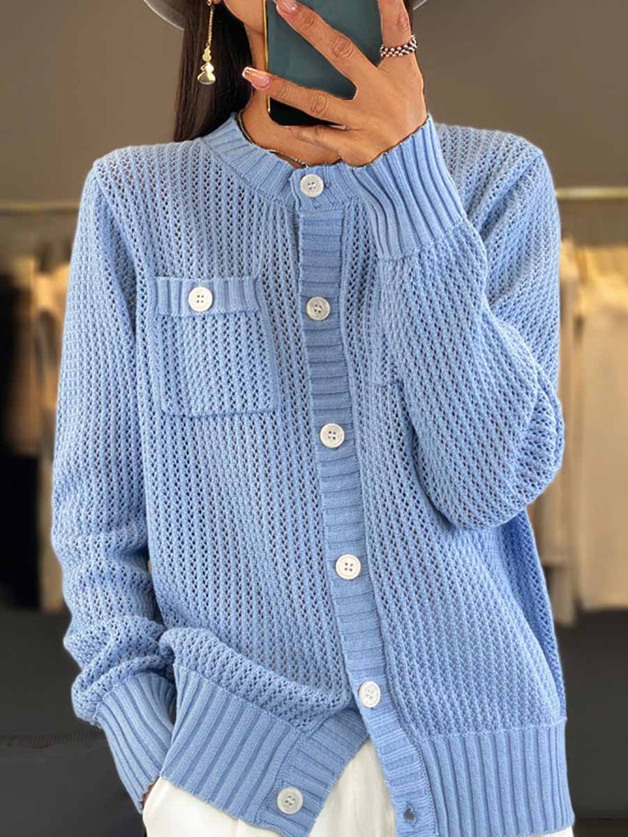 Drune | Cardigan - Rundhals-Taschen-Hohlstrick-Cardigan