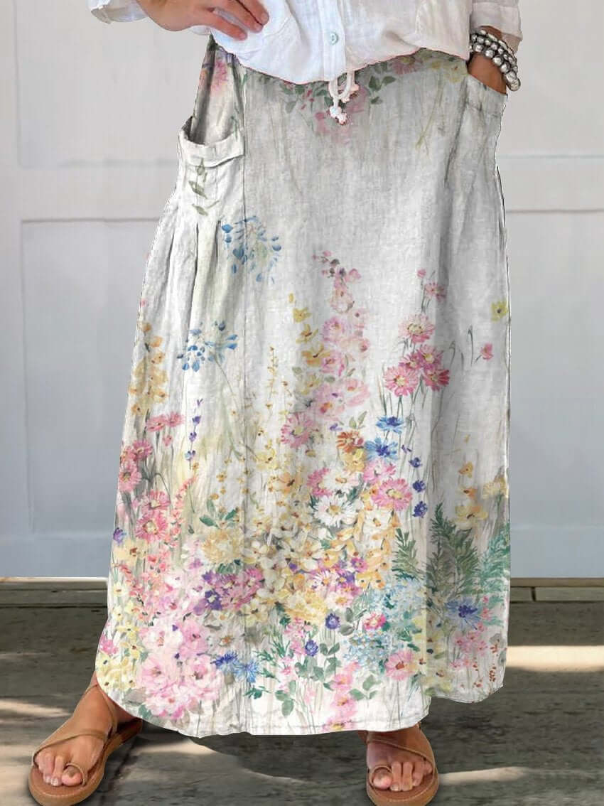 Drune | Retro Elegante Florale Kunst Leinen Elastischer Taillenbund Taschenrock