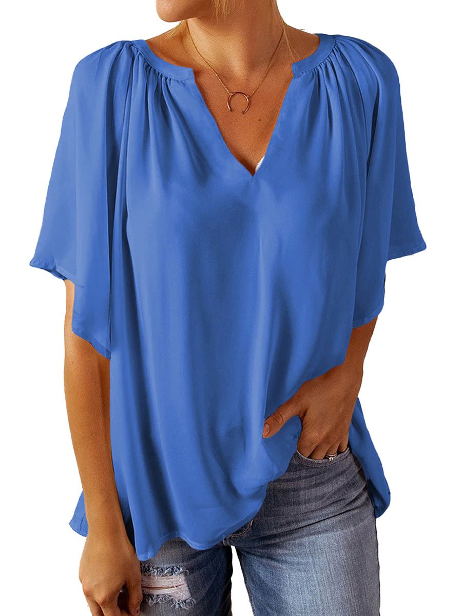 Drune | Casual V Neck Loose Chiffon Tunika Bluse mit Falten